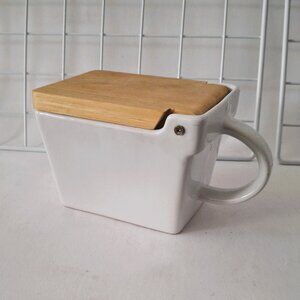 Maison Plus Ceramic Salt Box Wood Hinged Lid White